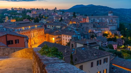 Sunset view of Perugia from Porta Sole, Italy.