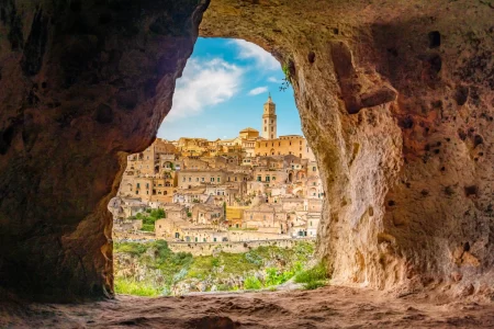 View of the ancient town of Matera, Sassi di Matera in Basilicata, southern Italy.