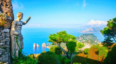 Statue,At,Garden,On,Capri,Island,Town,,Italy.,Amalfi,Scenery